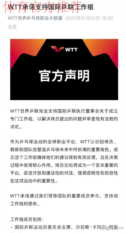 WTT世界乒联支持国际乒联成立专门工作组 WTT世界乒联支持国际乒联成立专门工作组